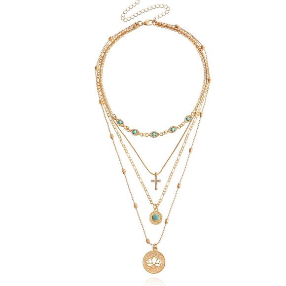 Jewelry - Gold Layered Necklace for Women Summer Boho Layered Stacked Pendant Necklace Cou